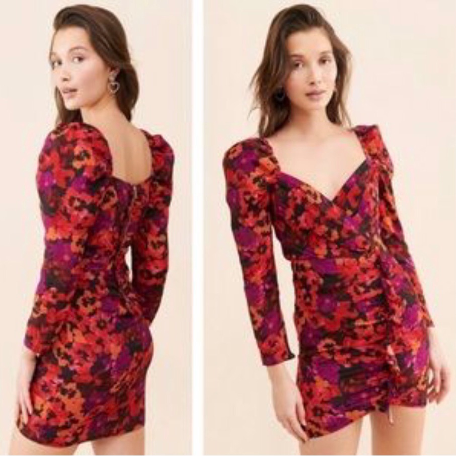 Saylor Alouette Red Floral Puff Sleeve Ruffled Mini Dress Size M Coquette Party
